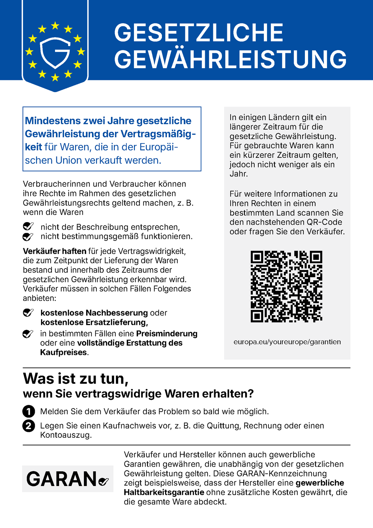 Harmonisierter EU-Hinweis zur gesetzlichen Gewährleistung mit QR-Code zur Informationsseite der EU